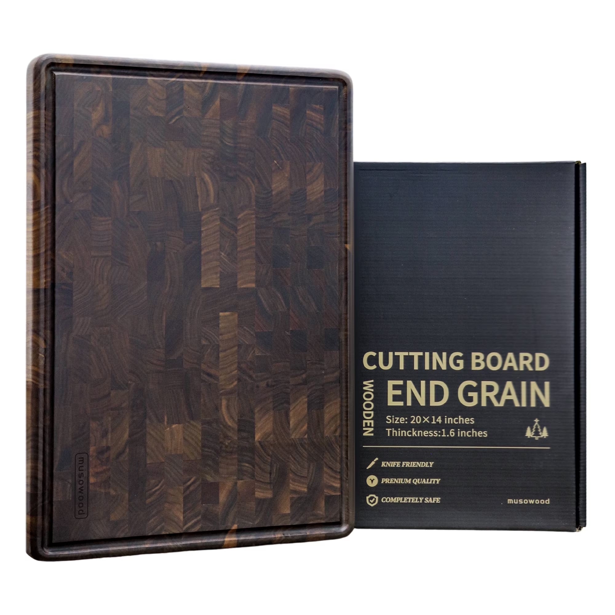 Muso Wood Walnut Wood Checkered Cutting Board with Feet 16 X 12 In