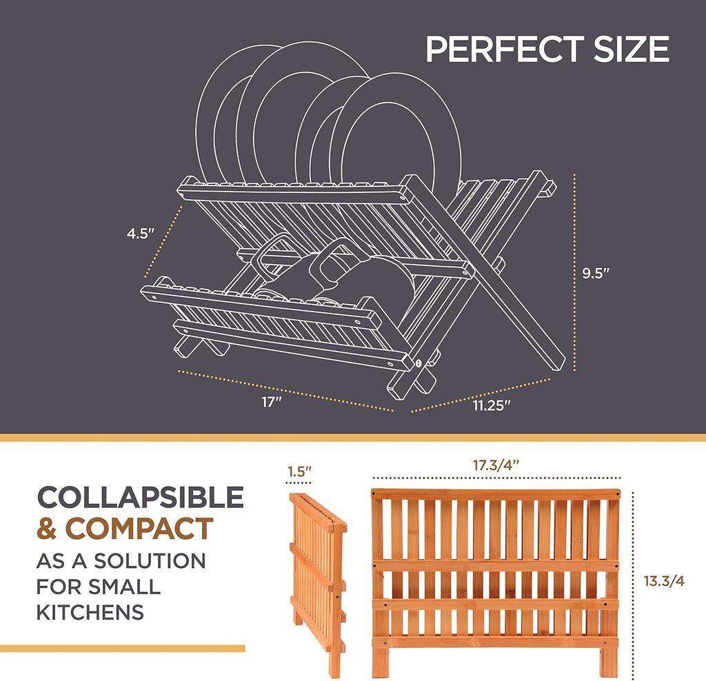Dish Drying Rack - Collapsible Bamboo 2 Tier Foldable Wooden Dish Drainer for Countertop