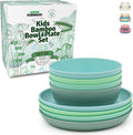 Bamboo Kids Plates and Bowls Sets - 8-Piece Dishwasher Safe Non Toxic Plates for Kids - Reusable Eco Friendly BPA Free Dishes Dinnerware Sets for Children - Rainforest