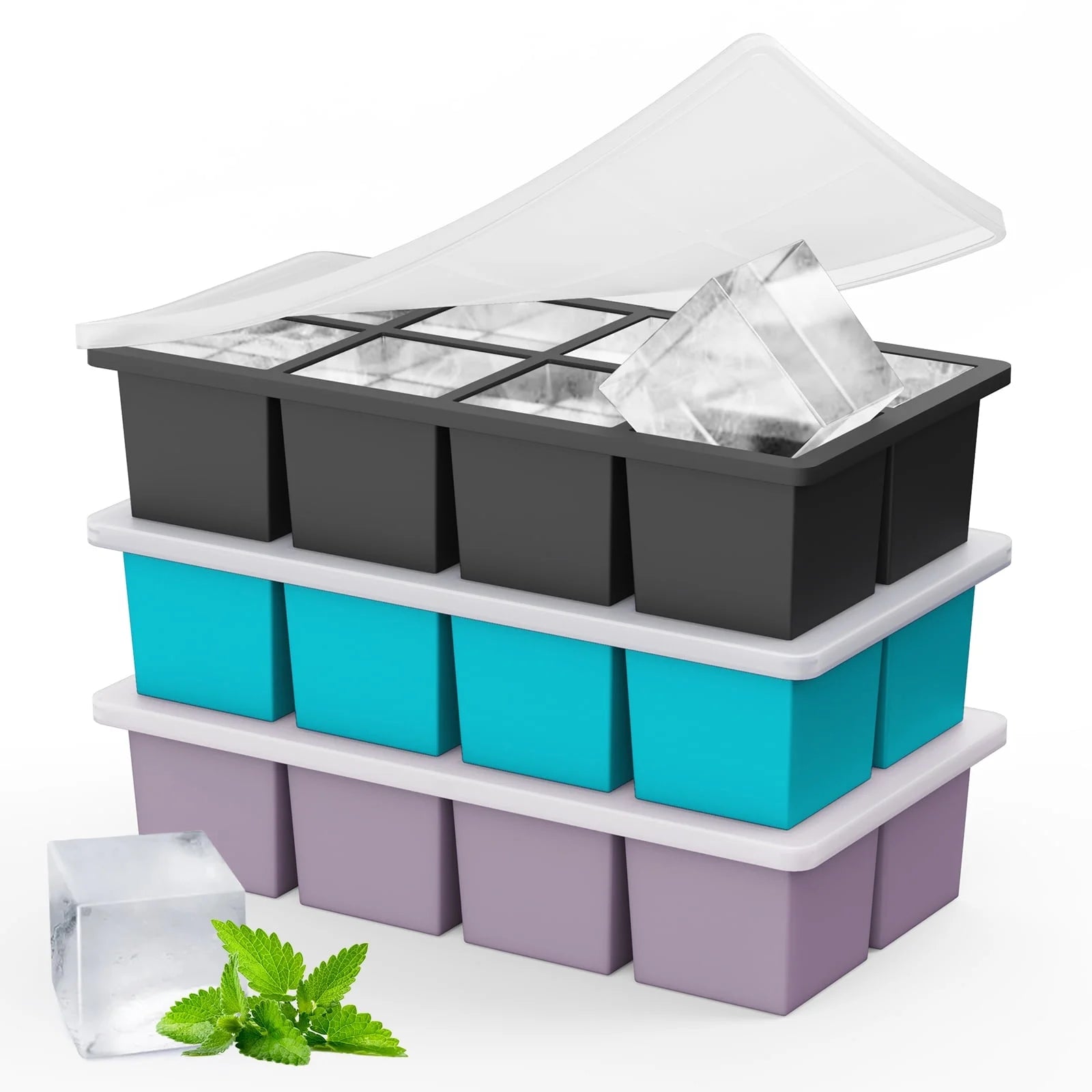 Ice Cube Tray with Lid: 3 Pack Large Silicone Ice Tray Molds for Freezer, BPA Free, Big Square Ice Cube for Whiskey, Cocktails, Baby Food, Juices-Gray&Blue&Purple