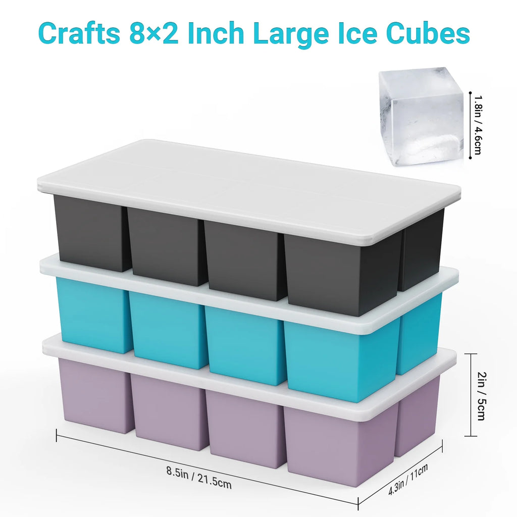 Ice Cube Tray with Lid: 3 Pack Large Silicone Ice Tray Molds for Freezer, BPA Free, Big Square Ice Cube for Whiskey, Cocktails, Baby Food, Juices-Gray&Blue&Purple
