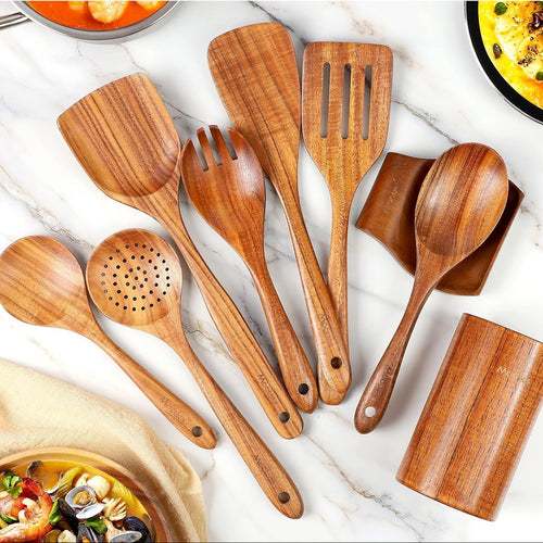 9 Piece Natural Teak Wooden Kitchen Utensil Set with Spoon Rest - Comfort Grip Cooking Spoons and Utensils Holder