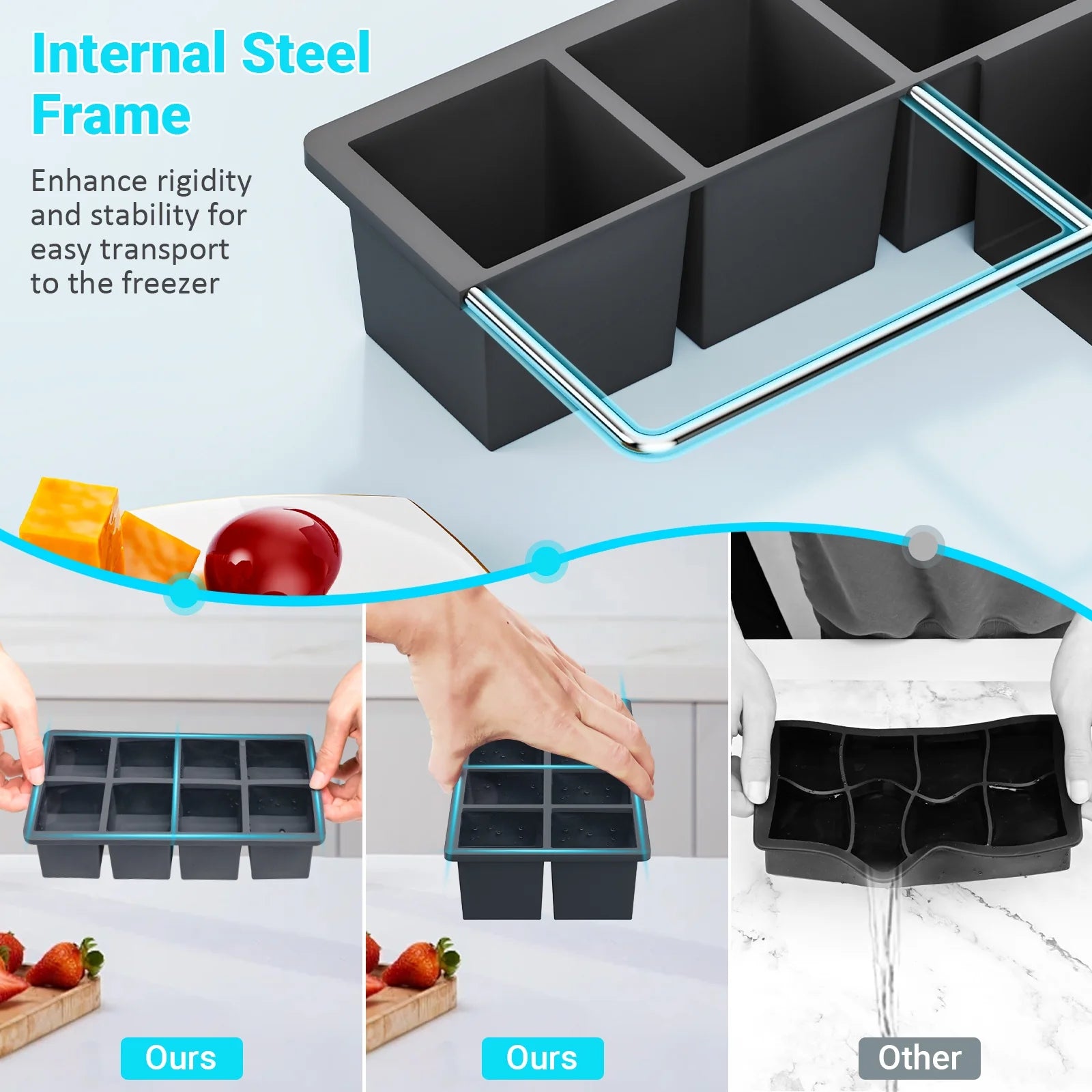 Ice Cube Tray with Lid: 3 Pack Large Silicone Ice Tray Molds for Freezer, BPA Free, Big Square Ice Cube for Whiskey, Cocktails, Baby Food, Juices-Gray&Blue&Purple