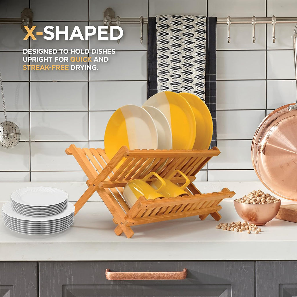 Dish Drying Rack - Collapsible Bamboo 2 Tier Foldable Wooden Dish Drainer for Countertop