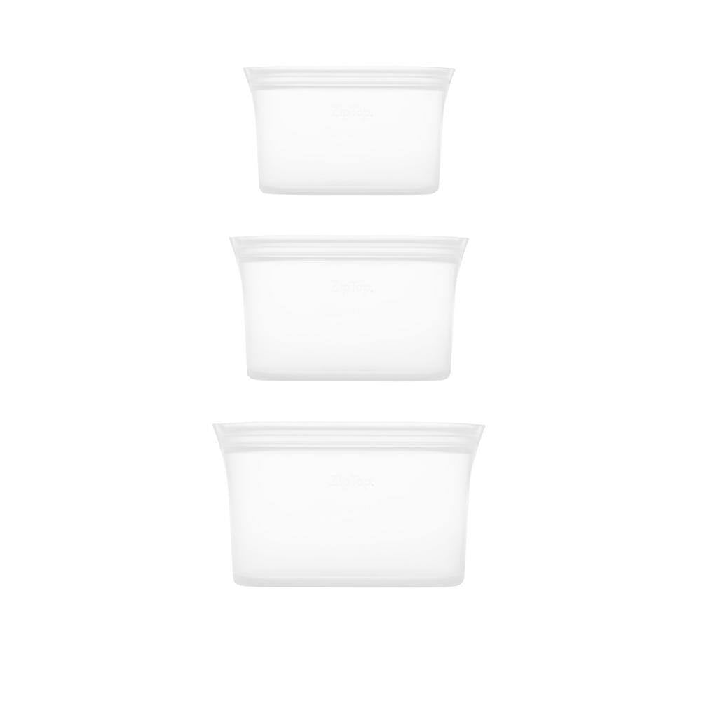 Reusable Silicone 3-Piece Dish Set - Small 16 Oz., Medium 24 Oz., Large 32 Oz. Zippered Storage Containers in Frost