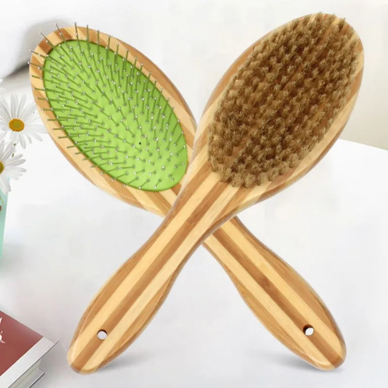 1Pc Dog Brush, Double Sided Pet Slicker Brush with Bamboo Handle for Dogs and Cats Long Hair Pets Grooming Comb for Removing Shedding, Tangles and Dead Undercoat