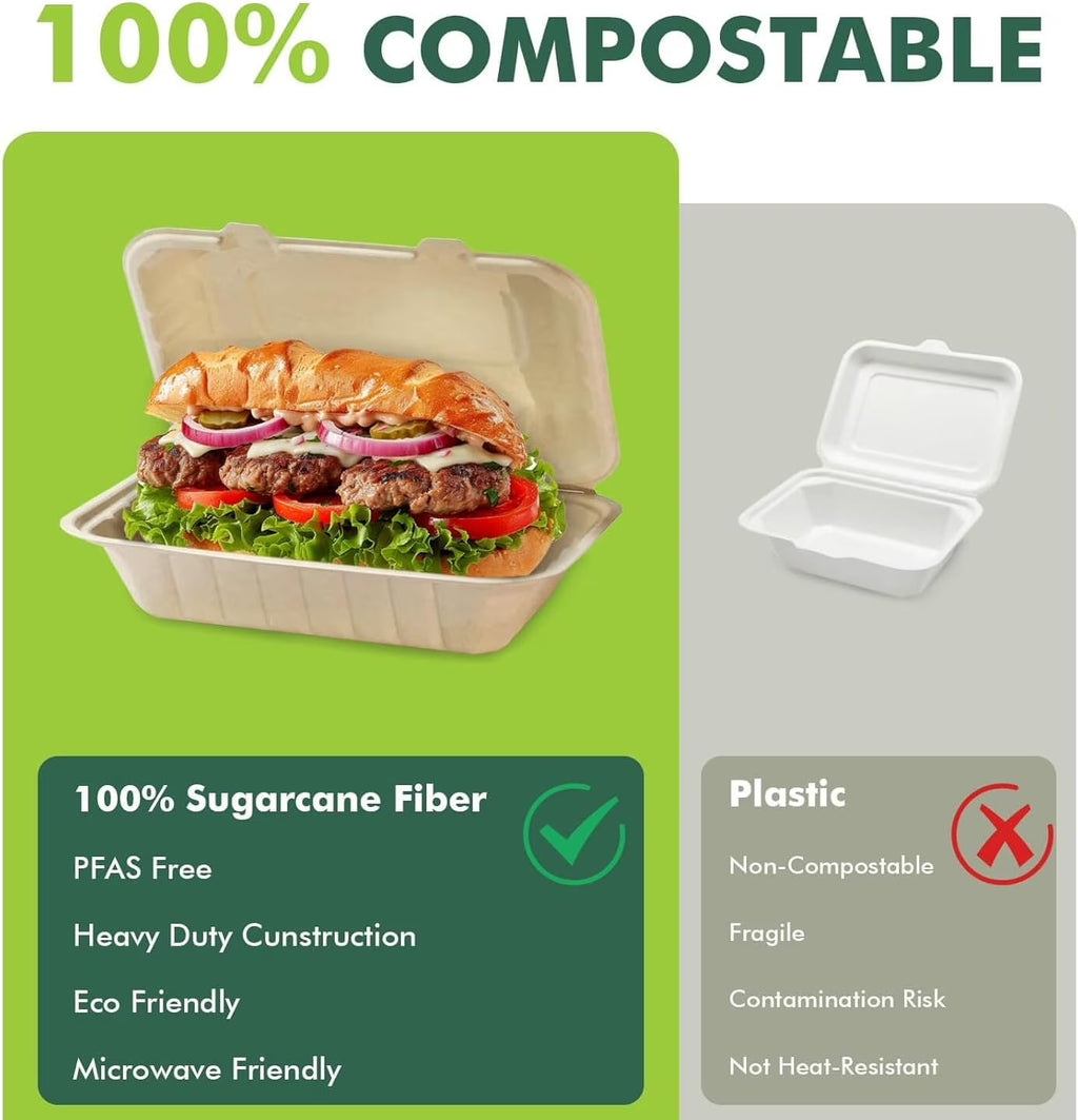 [8X8", 100-Pack] Compostable Clamshell Food Containers for Takeout - Made from Natural Bagasse Sugar Cane Fibers, Eco-Friendly Biodegradable Lunch Box Food Packaging