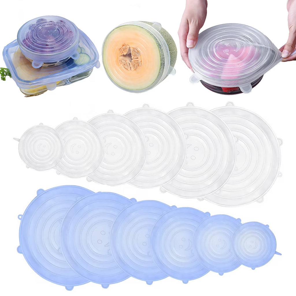 12 PCS Kitchen Silicone Stretch Lids Reusable, Airtight Food Storage Covers, Various Sizes Seal Bowl Stretchy Wrap Cover for Containers, Cups, Plates, Microwave(White + Blue)