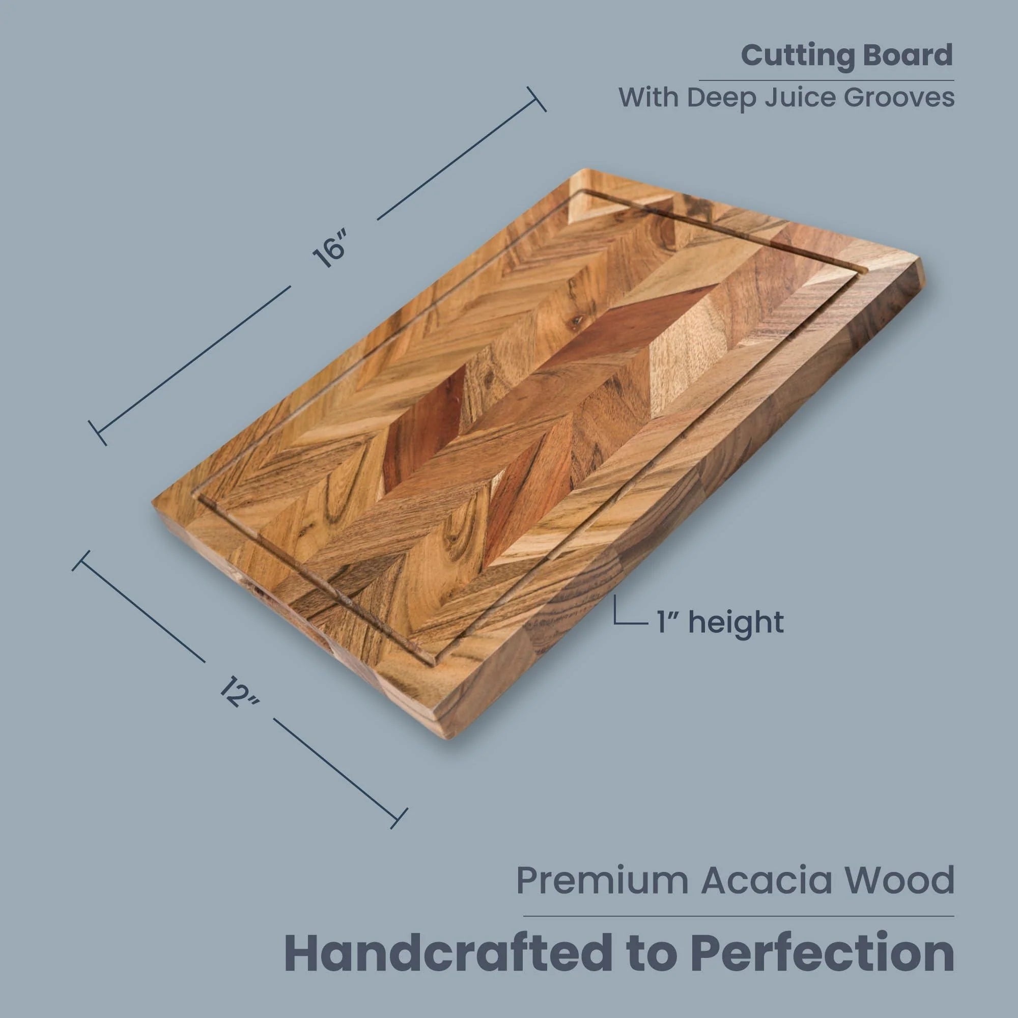 The Fine Living Co. Large Cutting Board Acacia Wood Meat Chopping Board Butcher Block with Juice Groove Chevron Chequered Style 1 Thick & Food Grade Serving Board 16 X12