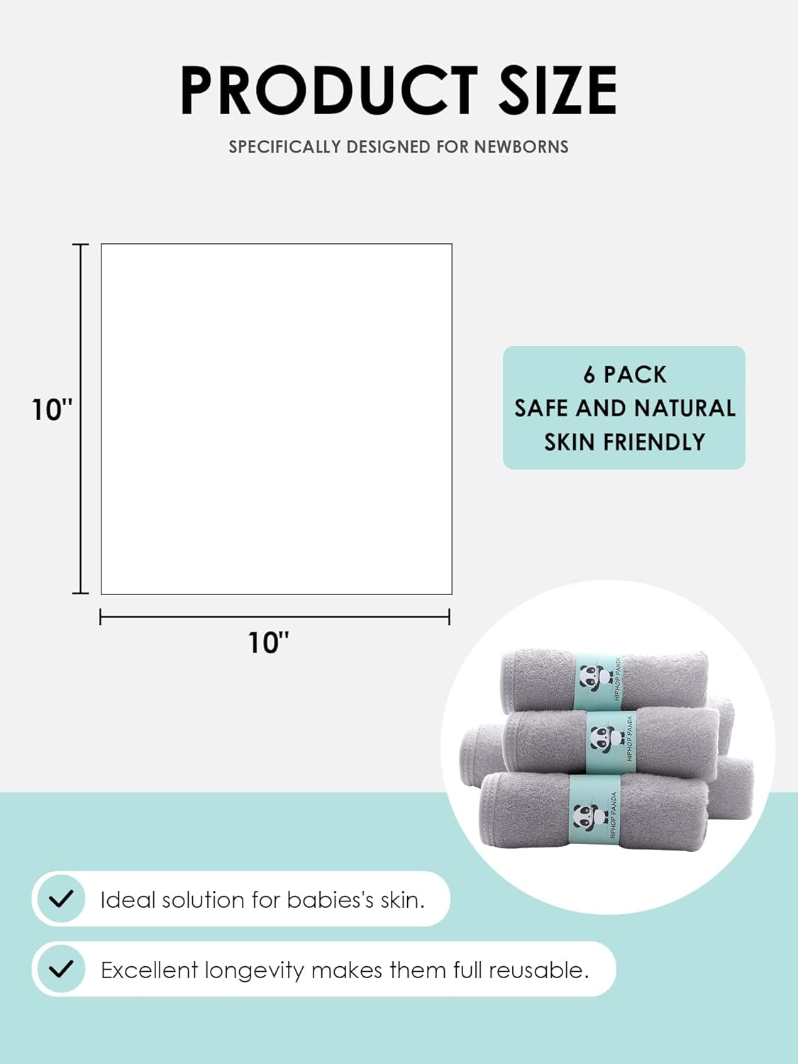 Baby Washcloths, Rayon Made from Bamboo - 2 Layer Ultra Soft Absorbent Newborn Bath Face Towel - Reusable Baby Wipes for Delicate Skin - Grey, 6 Pack