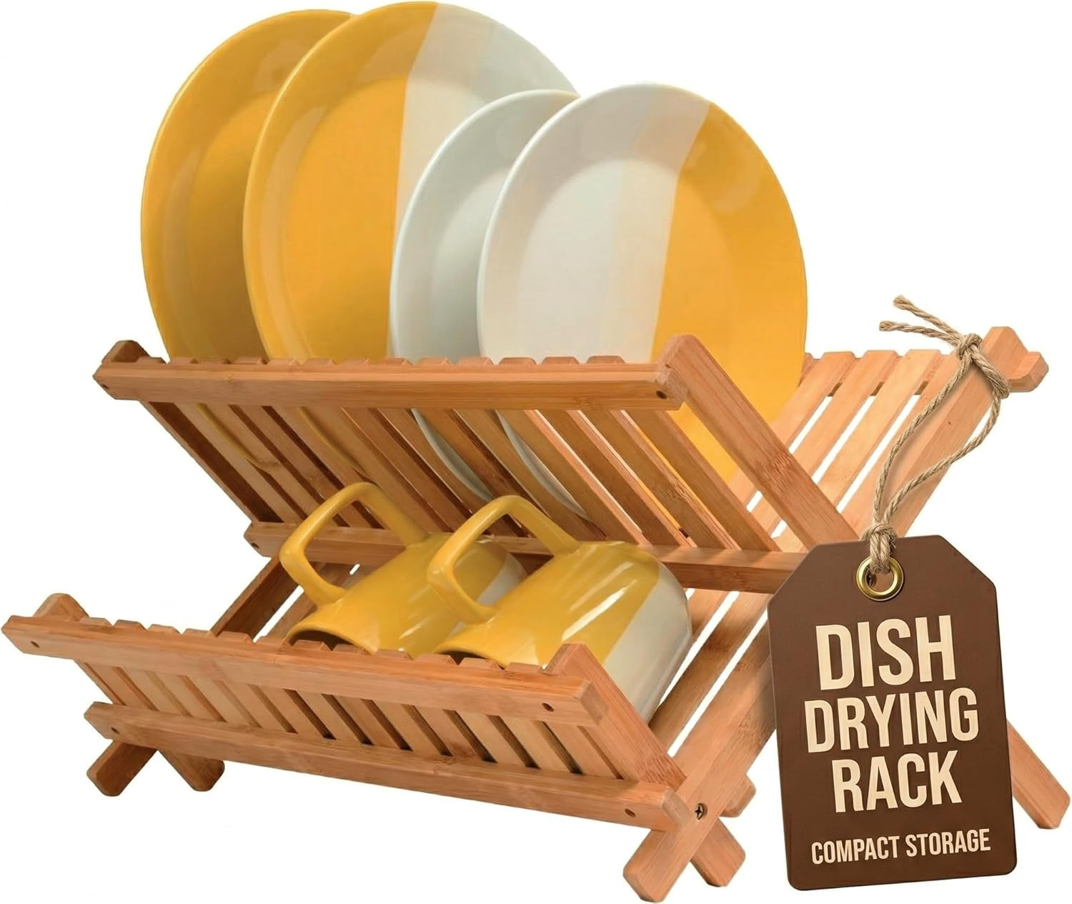 Dish Drying Rack - Collapsible Bamboo 2 Tier Foldable Wooden Dish Drainer for Countertop