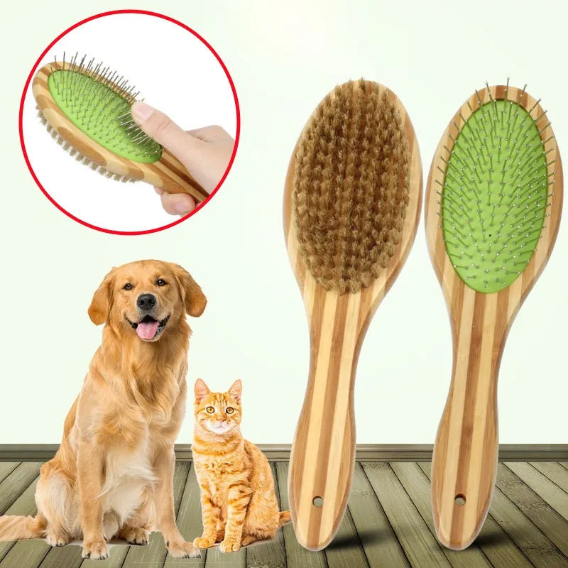 1Pc Dog Brush, Double Sided Pet Slicker Brush with Bamboo Handle for Dogs and Cats Long Hair Pets Grooming Comb for Removing Shedding, Tangles and Dead Undercoat