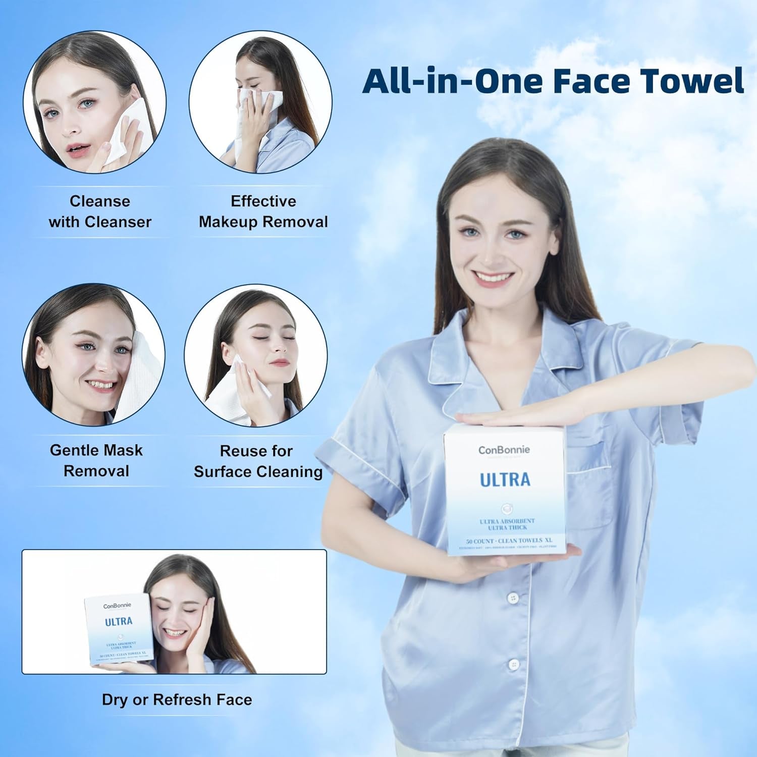 Clean Face Towels XL, 10"×12" Biobased Facial Towels, Disposable Face Towelette, Makeup Remover Dry Wipes, Extra Thick and Soft for Skin Care, Clean Skin, 50 Count (1 Pack)