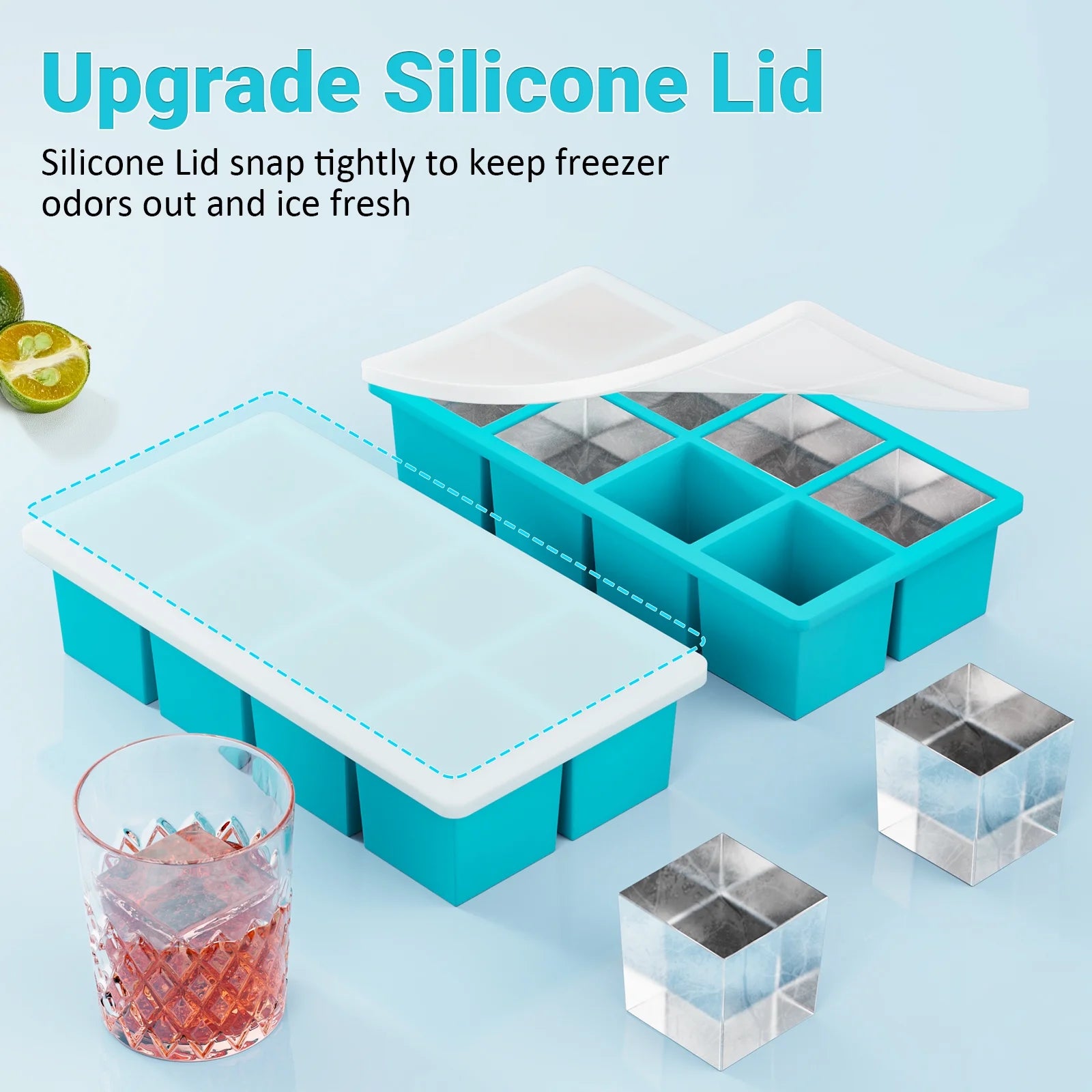 Ice Cube Tray with Lid: 3 Pack Large Silicone Ice Tray Molds for Freezer, BPA Free, Big Square Ice Cube for Whiskey, Cocktails, Baby Food, Juices-Gray&Blue&Purple