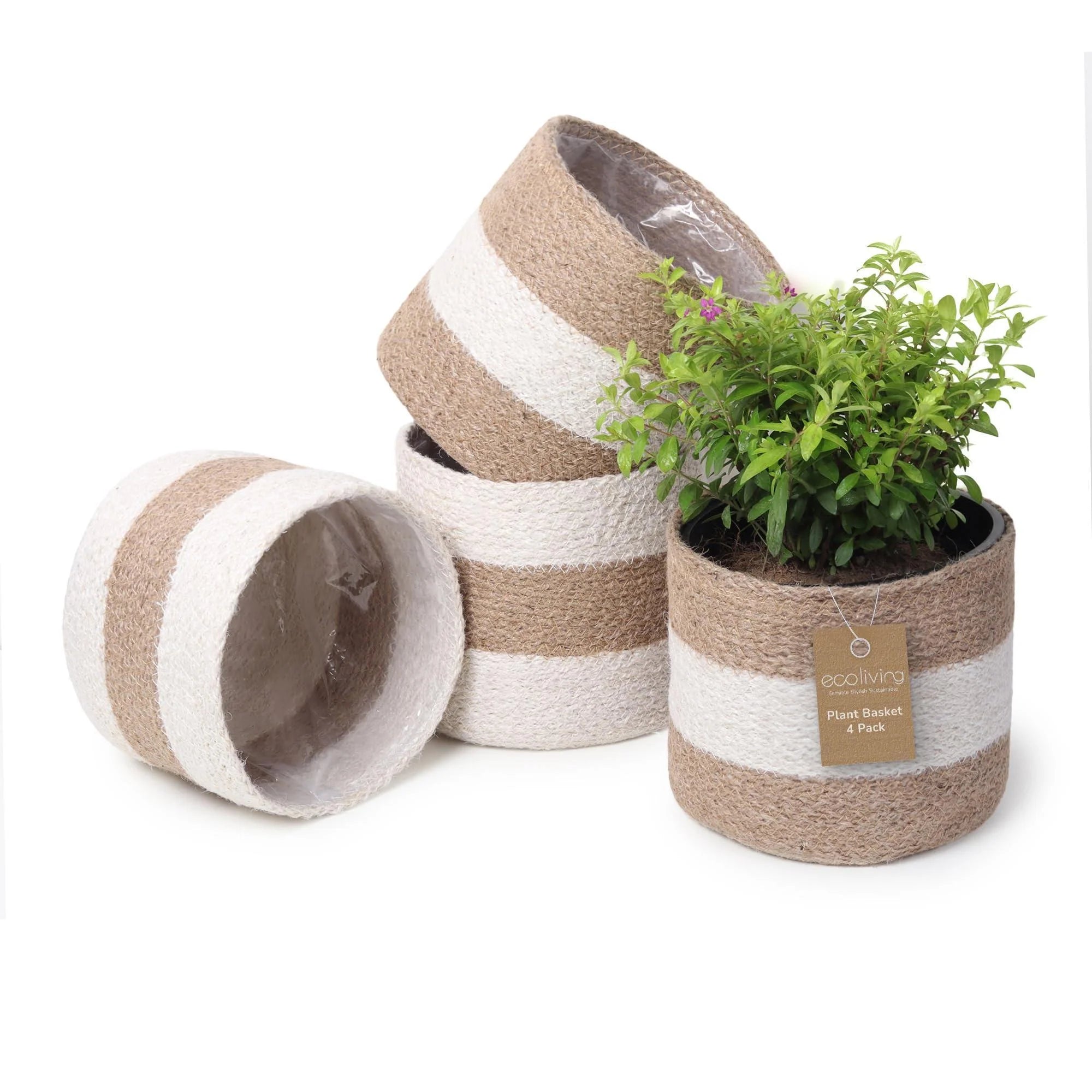 Jute Planter Basket Sustainable Woven Rope Covers for Decorating Indoor Outdoor Plants Pots 6.5X6.5X6 Inches Ideal Size for 6 Planter Multi Purpose Storage Set of 4 White & Natural Jute