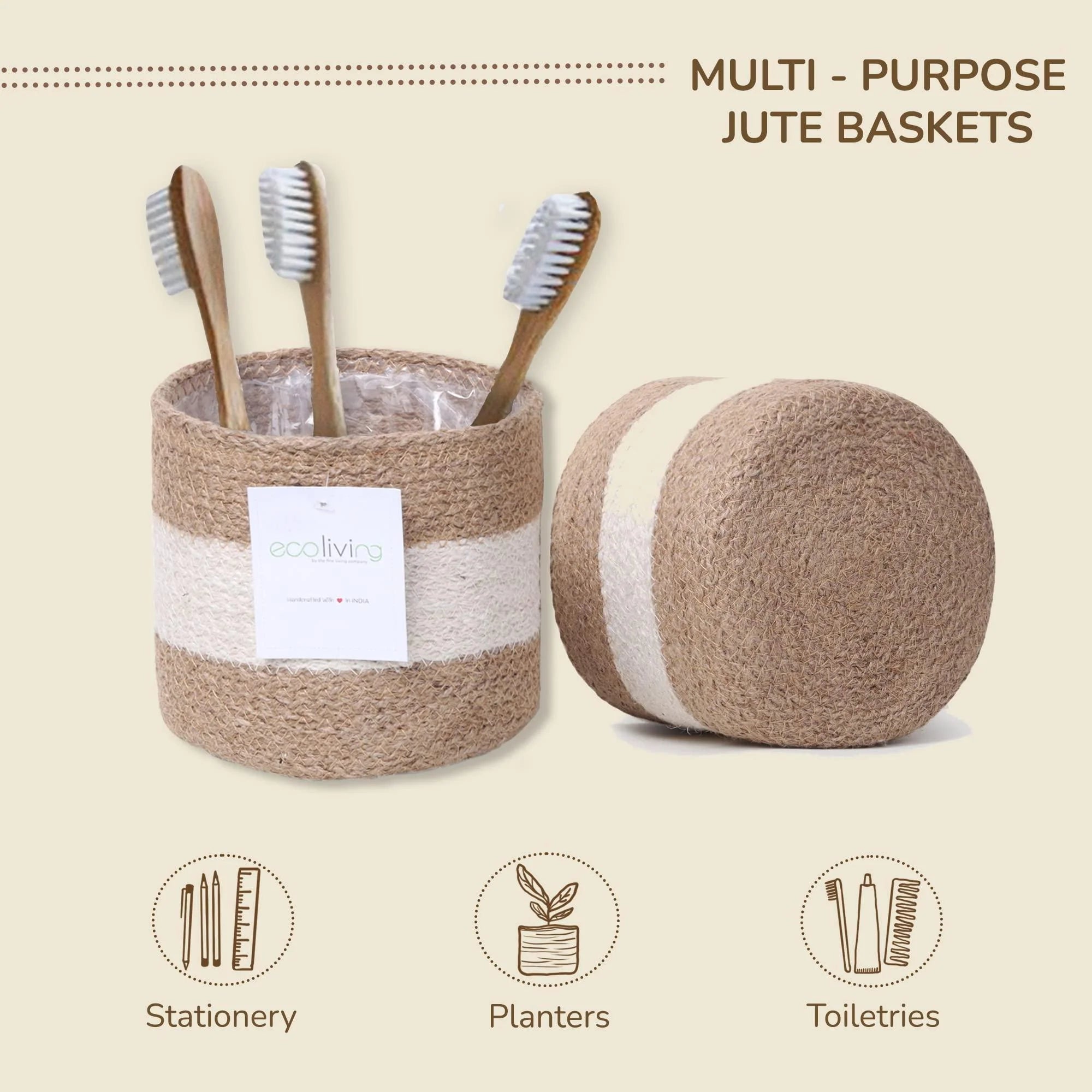 Jute Planter Basket Sustainable Woven Rope Covers for Decorating Indoor Outdoor Plants Pots 6.5X6.5X6 Inches Ideal Size for 6 Planter Multi Purpose Storage Set of 4 White & Natural Jute