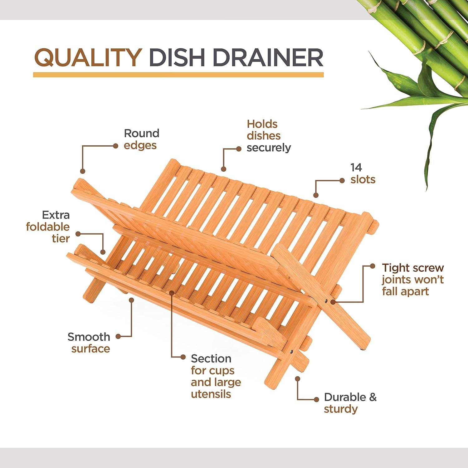 Dish Drying Rack - Collapsible Bamboo 2 Tier Foldable Wooden Dish Drainer for Countertop