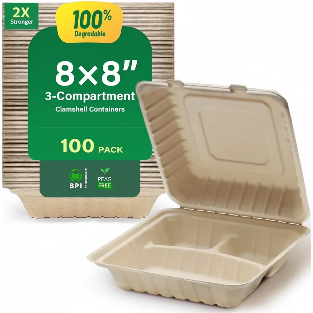 [8X8", 100-Pack] Compostable Clamshell Food Containers for Takeout - Made from Natural Bagasse Sugar Cane Fibers, Eco-Friendly Biodegradable Lunch Box Food Packaging