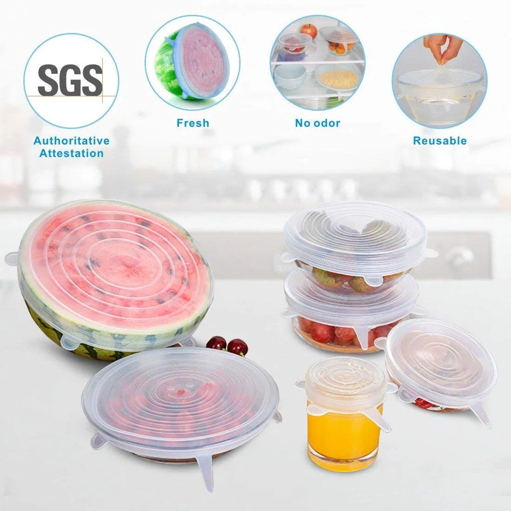 12 PCS Kitchen Silicone Stretch Lids Reusable, Airtight Food Storage Covers, Various Sizes Seal Bowl Stretchy Wrap Cover for Containers, Cups, Plates, Microwave(White + Blue)