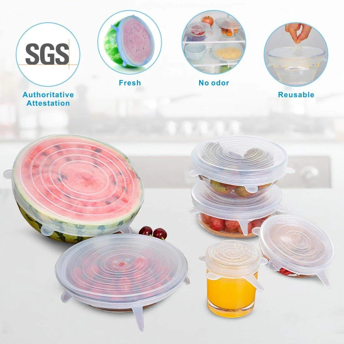 12 PCS Kitchen Silicone Stretch Lids Reusable, Airtight Food Storage Covers, Various Sizes Seal Bowl Stretchy Wrap Cover for Containers, Cups, Plates, Microwave(White + Blue)